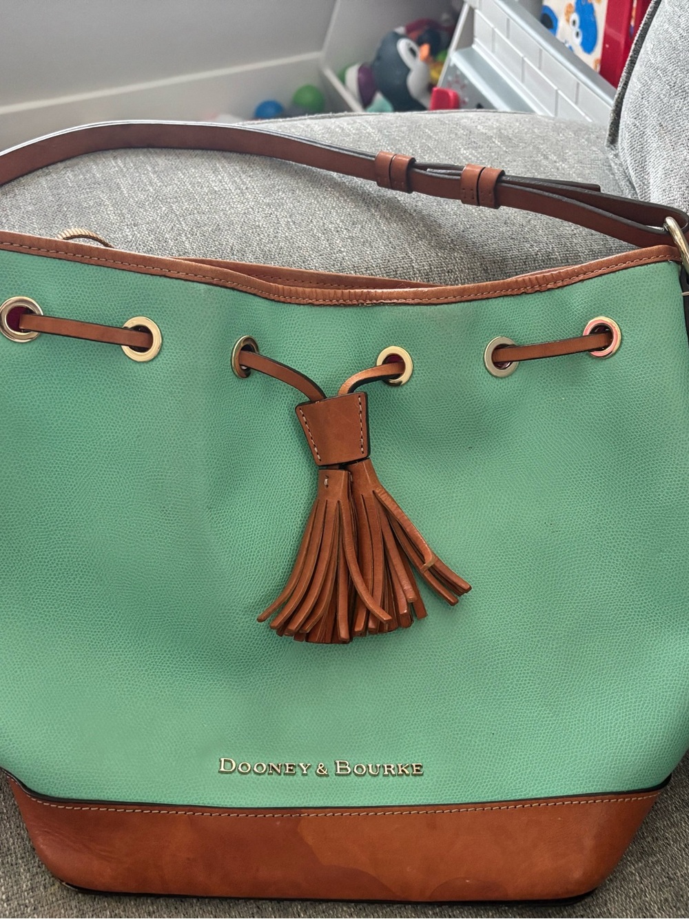 Dooney & Bourke Mint Green and Brown Leather Tassel Shoulder Bag